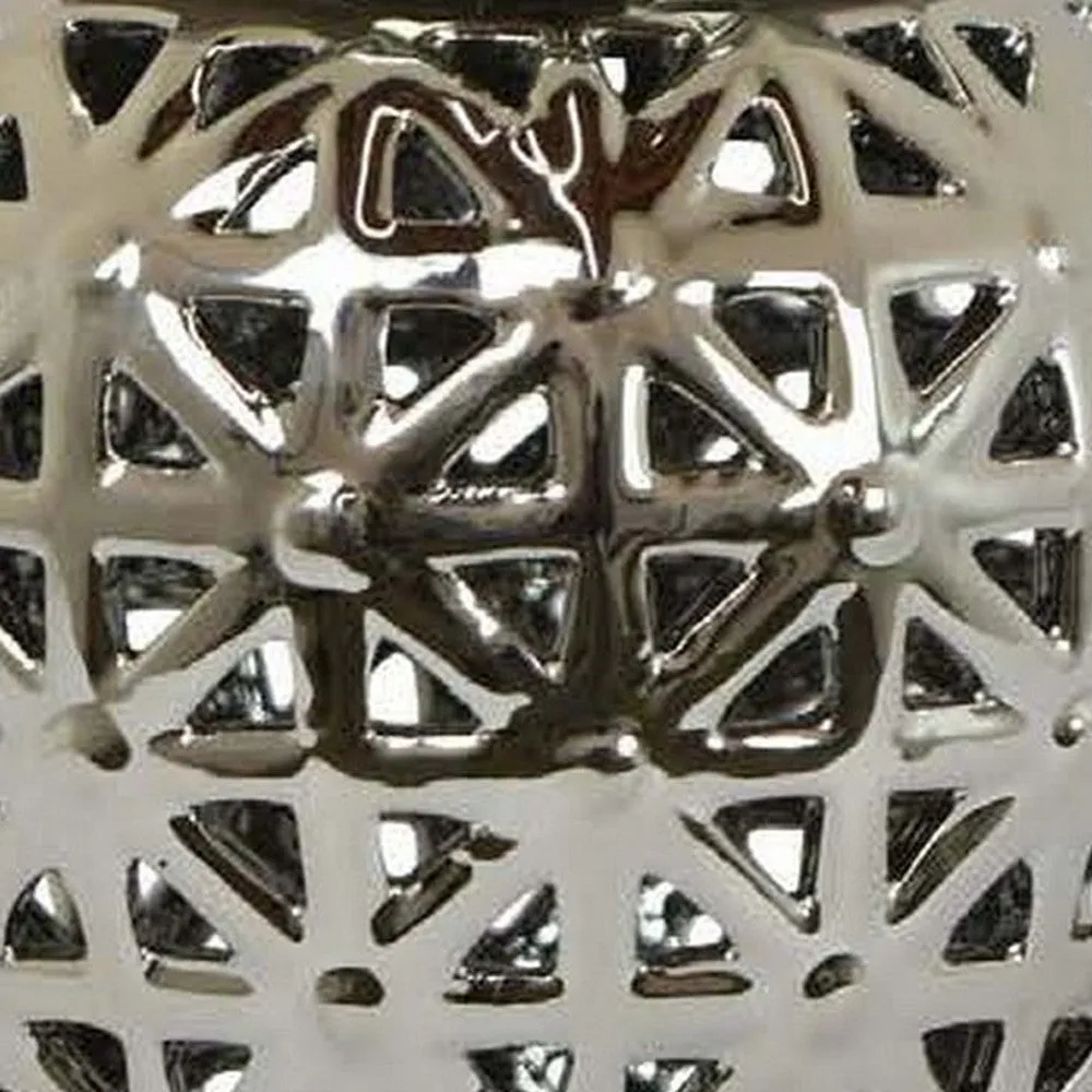 13 Inch Ginger Jar, Pierced, Carved Lattice Design, Removable Lid, Silver By Casagear Home