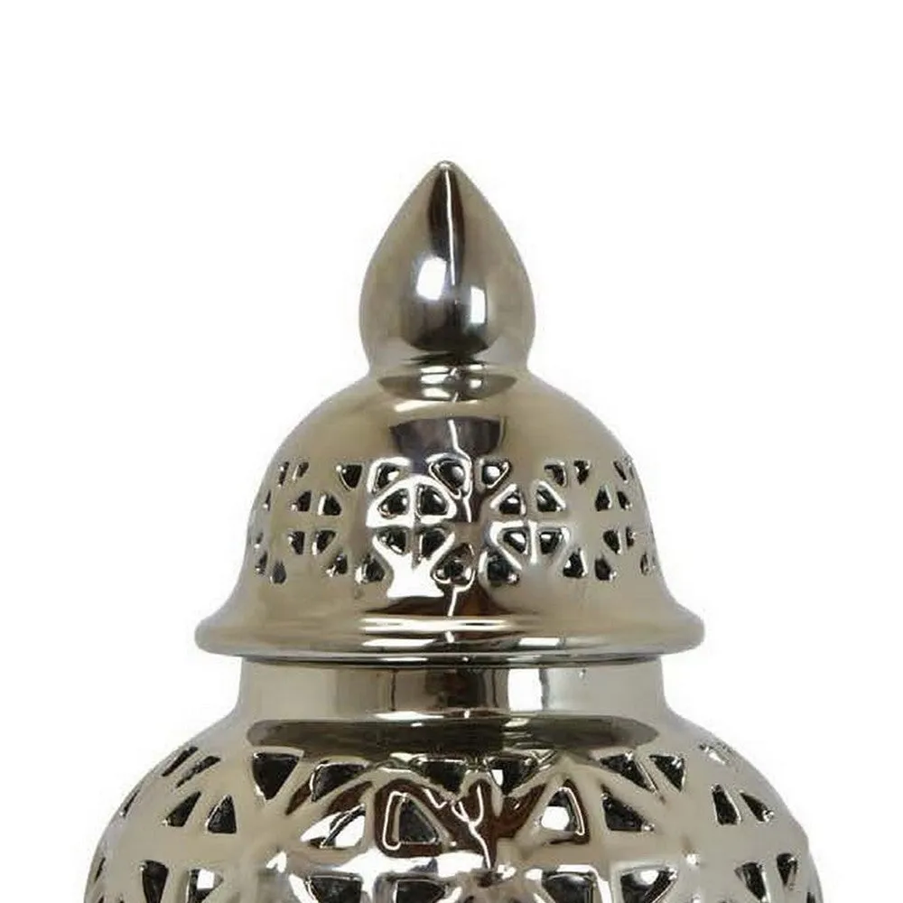 13 Inch Ginger Jar, Pierced, Carved Lattice Design, Removable Lid, Silver By Casagear Home