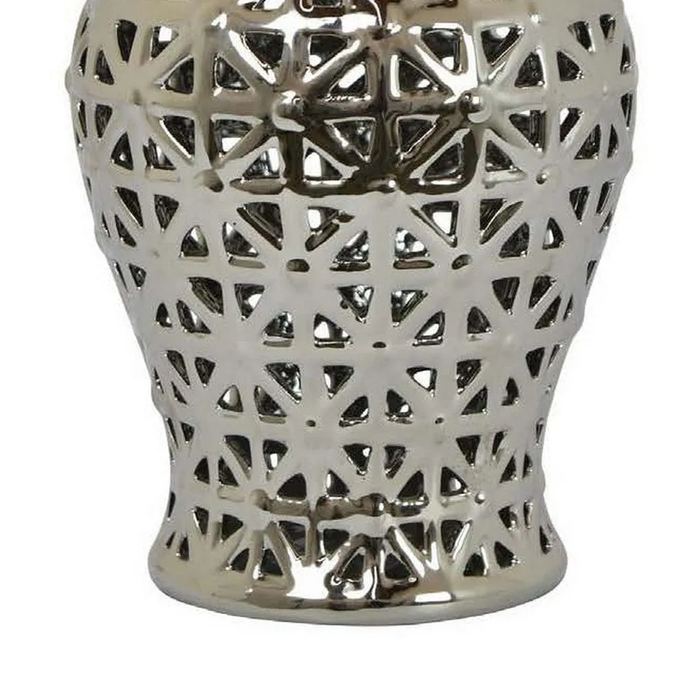 13 Inch Ginger Jar, Pierced, Carved Lattice Design, Removable Lid, Silver By Casagear Home